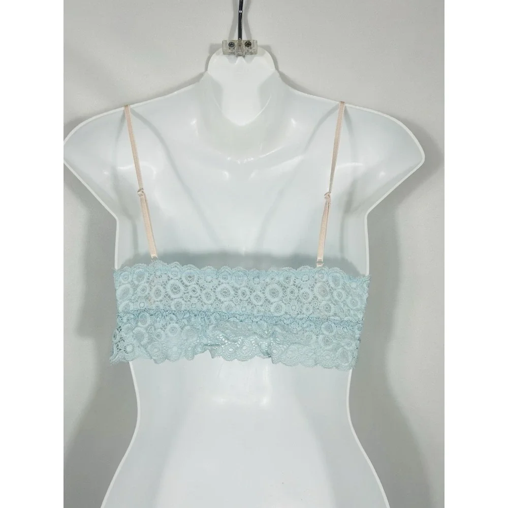 Womens Blue Lace Crop Top Bralette Size M Y2K Fairy Coquette Pink Bow Whimsical